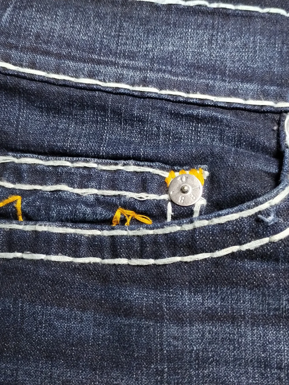 True Religion Dark Blue Denim Cutoff Shorts with Contrast Stitching